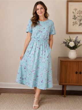 Lands End Vtg 90s Dress Women’s M Colorful Floral Modest USA Cottagecore Pockets